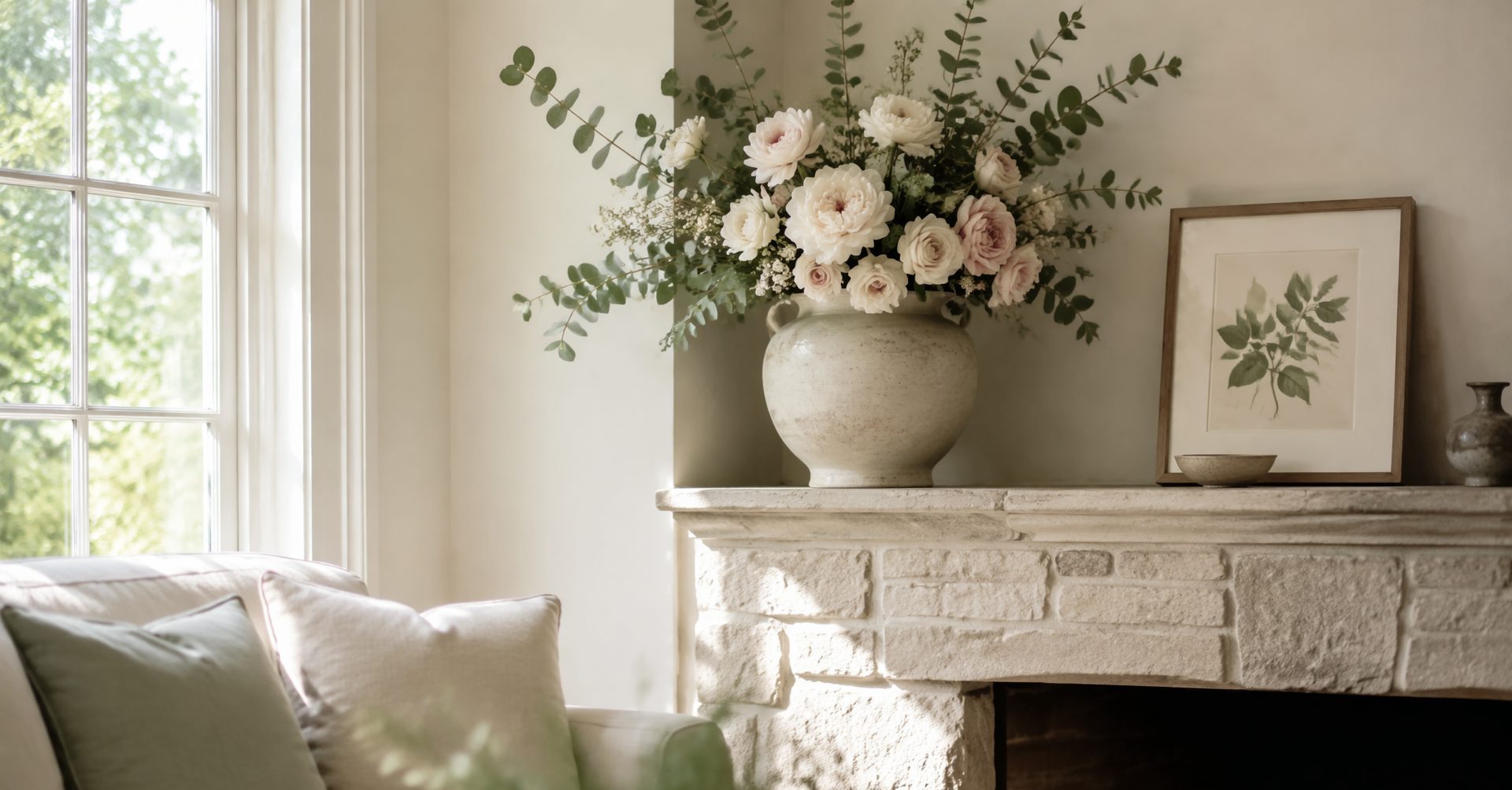 Living room styled with lifelike faux flower arrangement