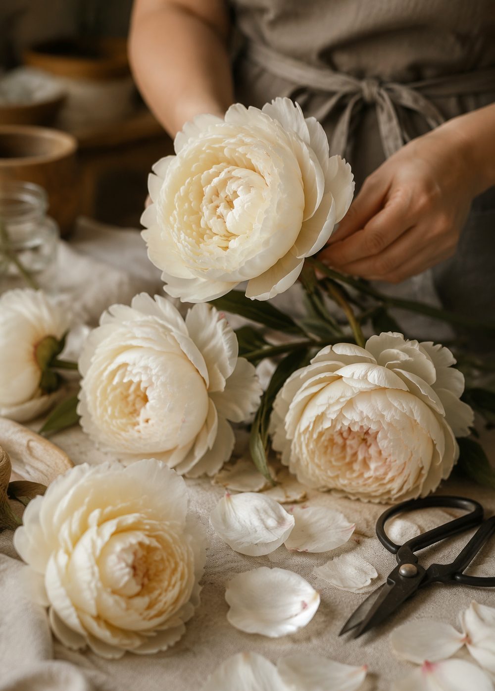 Artisan hand-finishing realistic faux peony petals