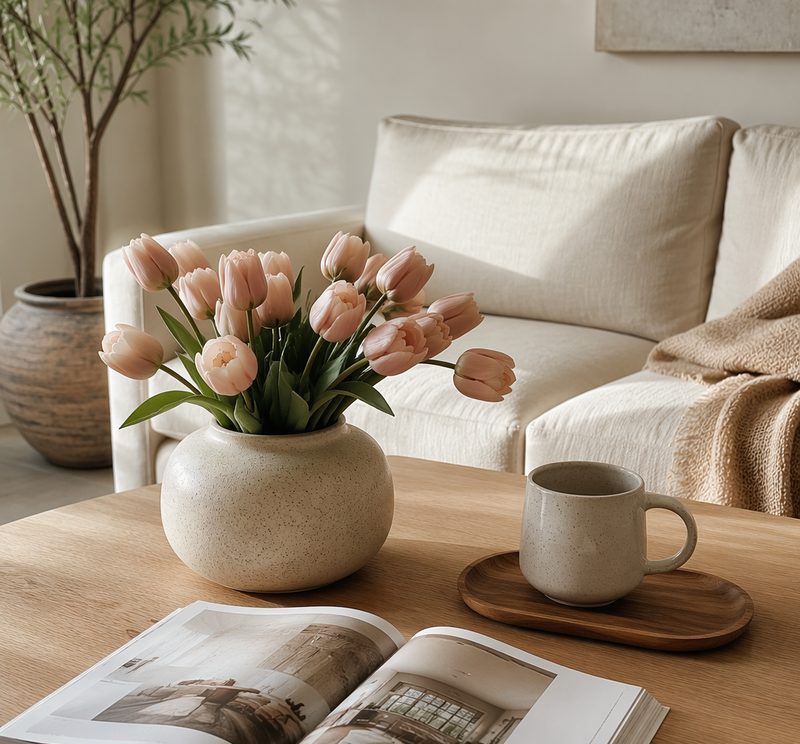 Coffee table styled with faux blush tulips