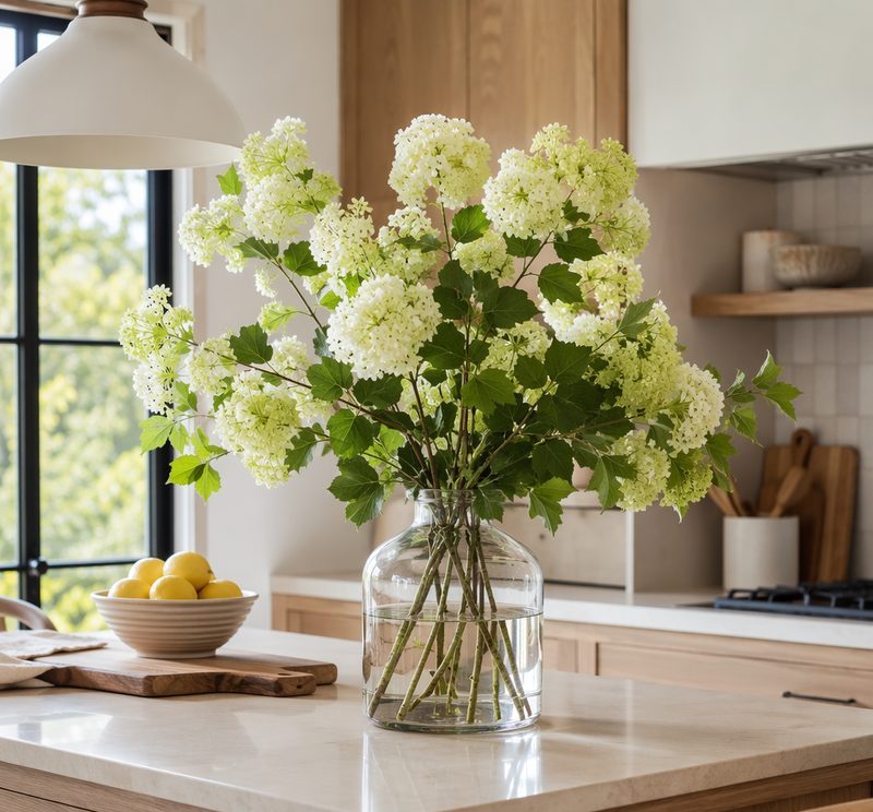 Kitchen island styled with faux viburnum stems