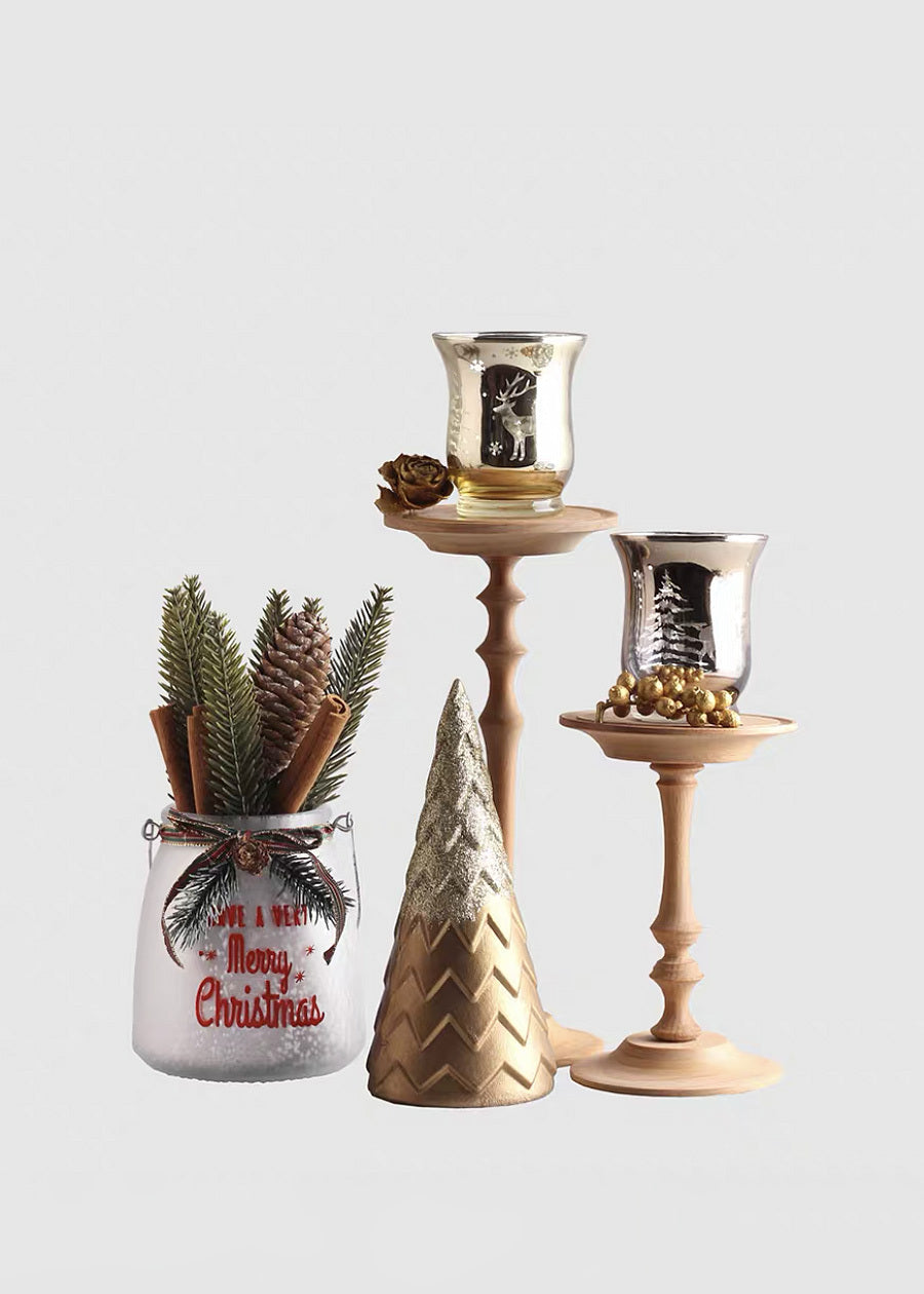 Gold & Silver Glass Candle Holders, Christmas Motif
