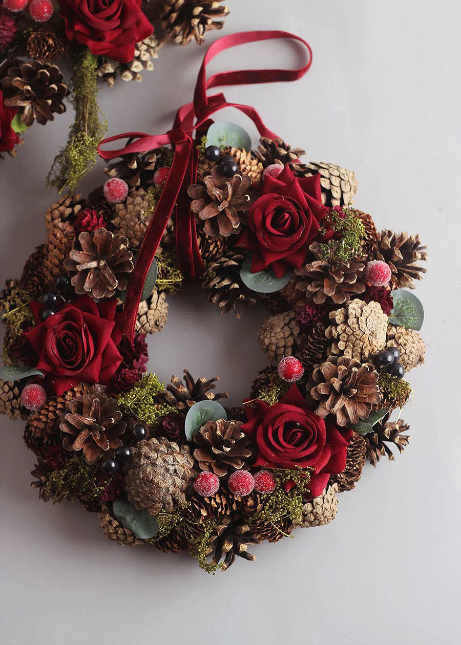 Christmas Wreath with Roses & Pine Cones - 11"