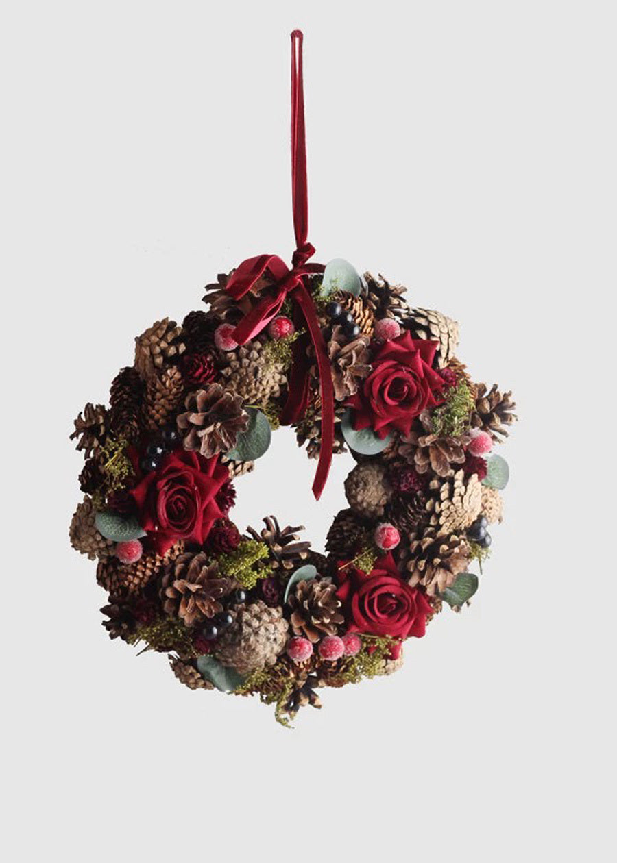 Christmas Wreath with Roses & Pine Cones - 11"