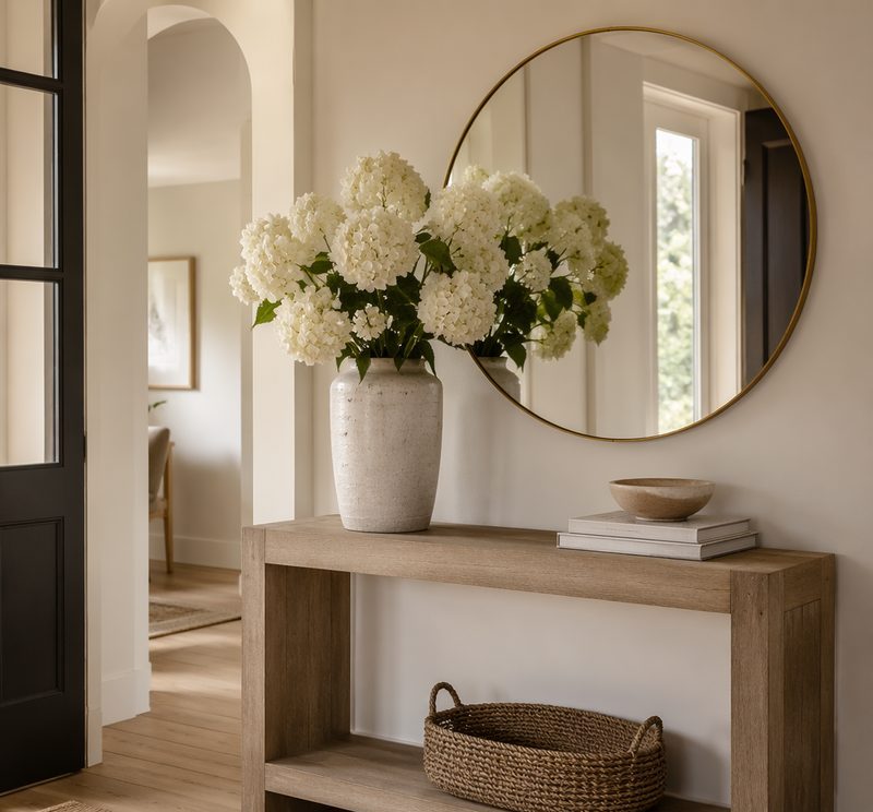 Entryway console styled with faux white hydrangeas
