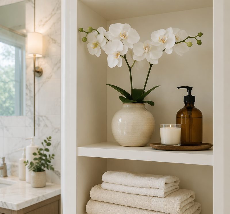 Bathroom shelf styled with a faux white orchid