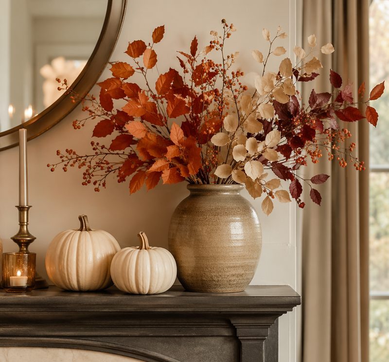 Autumn mantel styled with faux fall stems