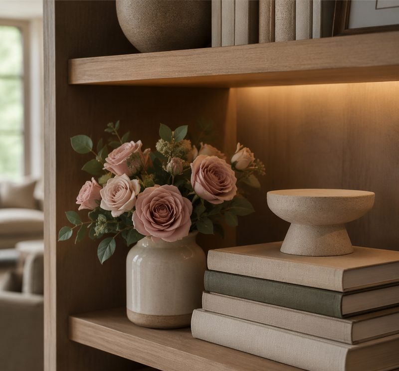 Bookshelf styled with faux dusty pink roses