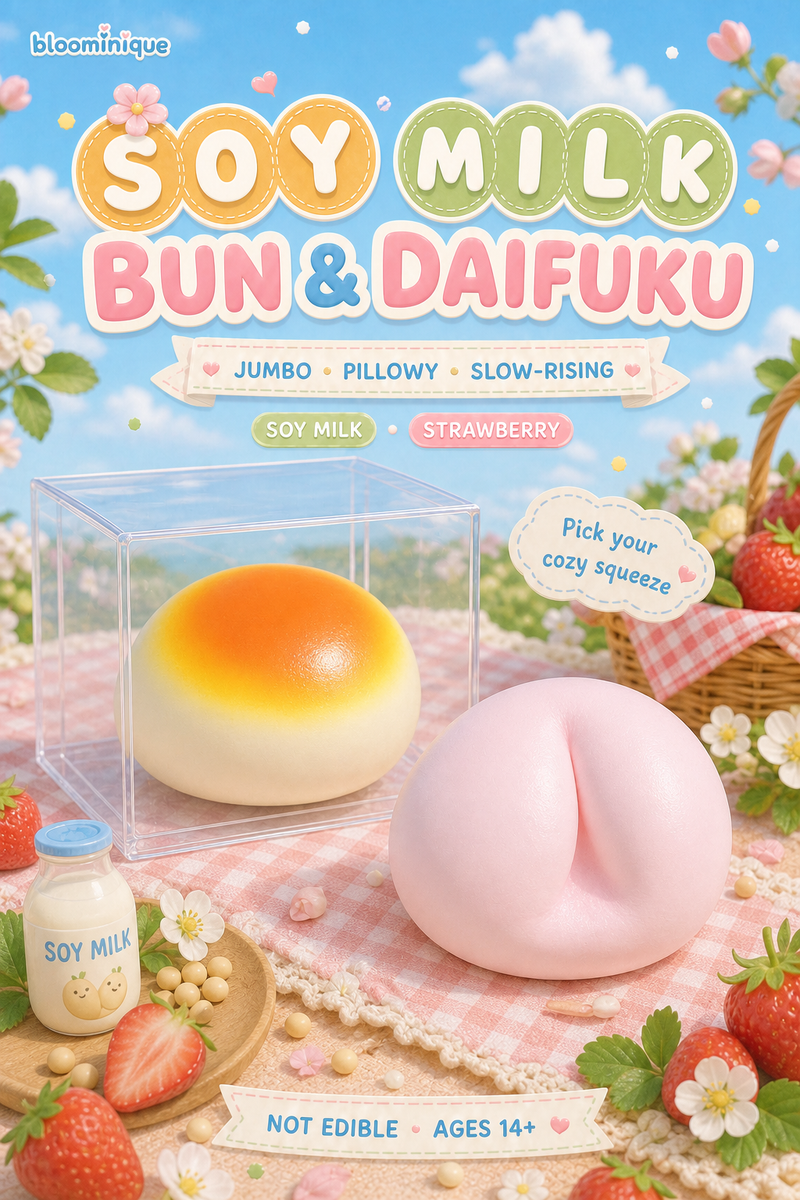 Jumbo Soy Milk Bun & Strawberry Daifuku Squishies | Bloominique