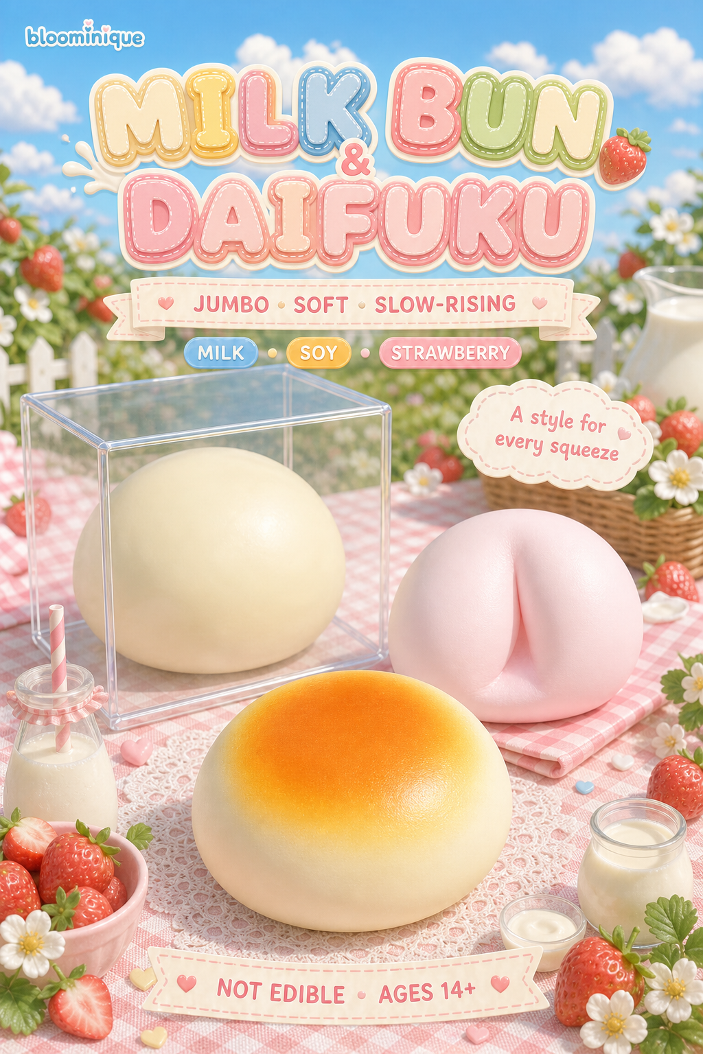Jumbo Milk Bun & Strawberry Daifuku Squishies | Bloominique