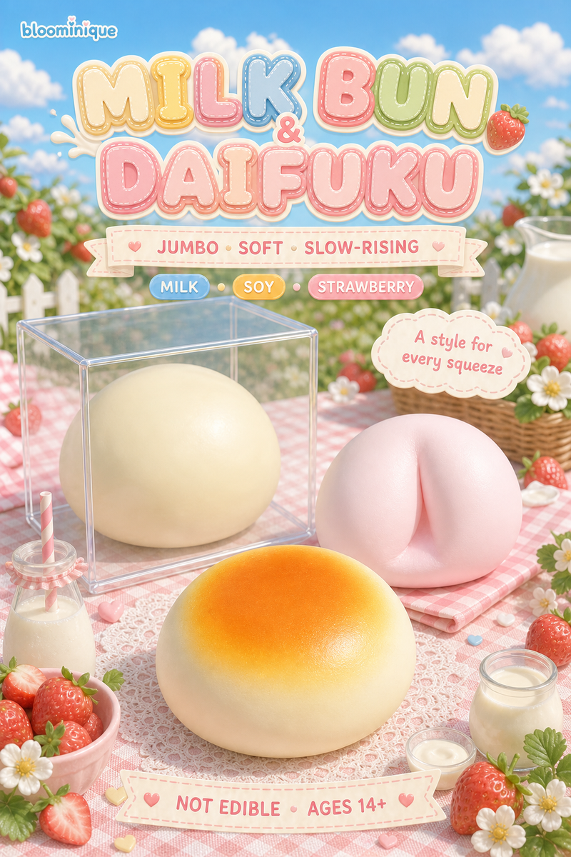 Jumbo Milk Bun & Strawberry Daifuku Squishies | Bloominique